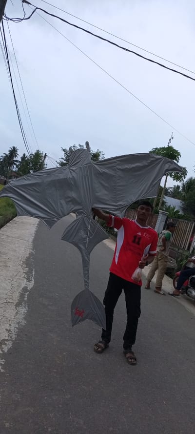 An outdoor scene in Mns Alue, Indonesia, depicts a young male holding a large, grey, dragon-shaped kite on an asphalt road under an overcast sky. The subject stands centrally, facing the camera, wearing a red short-sleeved Adidas t-shirt with "11" printed on the front, dark long pants, and brown sandals. He holds the kite with both hands, presenting its wide wingspan and long, multi-finned tail, which features a red crab logo on one fin. In his left hand, he also holds a transparent plastic bag containing a brown substance.
In the mid-ground on the right, two additional males are visible. One wears a light green t-shirt, light brown pants, and sandals, holding a spherical object in his right hand. He stands near a partially visible red and white motorcycle/scooter. The other male, partially obscured, appears to be seated on or leaning against the motorcycle.
The environment includes a dark grey asphalt road, a light-colored concrete strip on the left edge of the road, and dense green tropical vegetation, including palm trees, in the background. Overhead, multiple black electrical wires crisscross against the grey, cloudy sky. A light-colored fence and parts of structures are visible behind the background figures on the right.