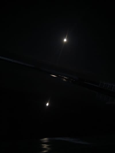 The image depicts a nighttime scene in Semionovca, Moldova. Two streetlights are visible, one on the left and one on the right, illuminating sections of the dark environment. The streetlight on the left has a bright, circular light source with a lens flare extending to the left. The streetlight on the right appears as a smaller, rounder light.
A tall, dark pole, likely a utility pole or part of a structure, runs diagonally from the bottom left towards the top right of the frame, partially obscuring the view. The pole has some reflective elements near its top, suggesting it might be made of metal or have attachments. Further to the right, a lighter, vertical element is visible, possibly another pole or a building feature, with some faint light reflecting off its surface, creating a streaky appearance.
The overall setting appears to be outdoors, possibly a street or a dimly lit area. The darkness suggests it is late at night or very early morning. No people are visible in the frame. The weather is not discernible from the image, but the darkness and lack of ambient light suggest a clear night or a location with minimal light pollution aside from the streetlights. There is no visible text in the image. The mood is quiet and somewhat mysterious due to the limited visibility and stark illumination of the streetlights.