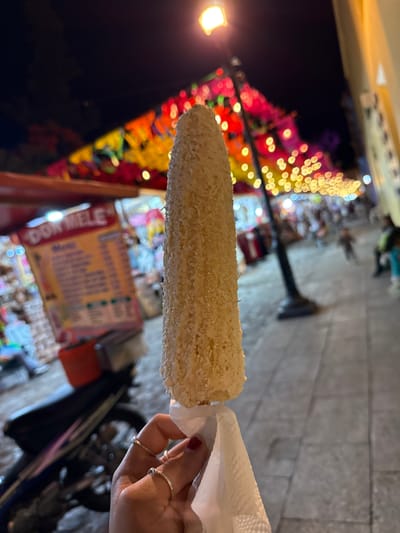A street-level, canted, eye-level shot shows a hand holding corn on the cob on a stick, covered in what appears to be shredded coconut, in Oaxaca City, Mexico. The hand, with red nail polish, holds a paper napkin around the stick. In the background are blurry lights, a lamppost, and a stand for "Elotes Don Mele." A bicycle or motorbike is partially visible in the lower right of the frame.