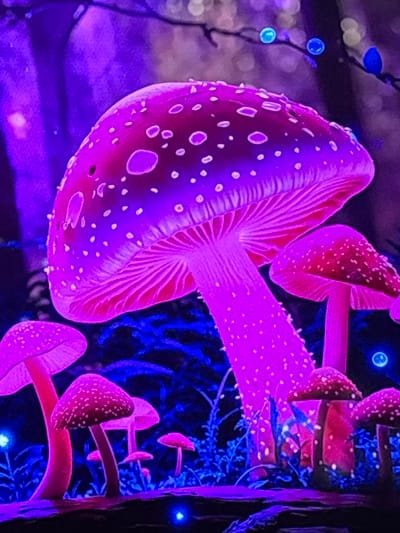 This is a close-up, low-angle, digitally rendered image of a cluster of luminous, pink and purple mushrooms in a dark, fantastical forest setting. The mushrooms, some large and prominent, others smaller and in the background, are illuminated from within, casting a vibrant glow. They have distinct caps covered in white spots, and the underside of the largest mushroom's cap shows intricate gills. The background is a blur of deep blues and purples, with some out-of-focus, glowing blue orbs that suggest fairy lights or bioluminescent elements. The overall scene evokes a magical or otherworldly atmosphere. The image does not depict any specific location in Skopje, North Macedonia, or any people or actions.