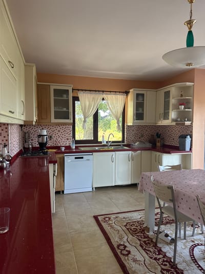This is a full, eye-level, indoor shot of a kitchen in Termal, Turkey. The kitchen is well-lit with natural light coming through a large window behind the sink. The cabinets are a light cream color with some wooden accents above the sink. The countertops are a deep red, appearing to be granite or a similar material.
On the left side of the kitchen, there is a gas stove with a black cooktop and a stainless steel pot on it. To the right of the stove is the sink area, with a silver faucet and a dish drying rack. A white dishwasher is positioned to the right of the sink.
In the foreground, a white table is set with a pink tablecloth adorned with white polka dots. Several white chairs are pulled up to the table. A white sandal is resting on an ornate red and cream rug beneath the table.
The walls are painted a peachy orange color. A hanging light fixture with a white shade and a green accent hangs from the ceiling. The floor is tiled with large, light beige tiles. Outside the window, a lush green landscape is visible. The overall impression is of a functional and somewhat decorative kitchen.