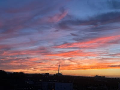 This is a photograph of a vibrant sunset over the city of Ludwigshafen am Rhein, Germany. The sky is filled with dramatic clouds painted in hues of deep blue, purple, pink, and bright orange, transitioning to a soft yellow near the horizon. A tall, slender smokestack, likely part of an industrial facility, stands prominently in the middle ground, silhouetted against the colorful sky. In the foreground, the dark silhouettes of apartment buildings and trees indicate a residential area. The overall impression is one of a striking natural phenomenon occurring above an urban landscape.
