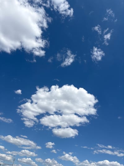 The image shows a bright blue sky with scattered white cumulus clouds. The clouds vary in size and density, with a few larger, more prominent clouds and many smaller, wispy ones. The lower portion of the image reveals the tops of streetlights and wires, suggesting an urban or suburban setting. The sky appears clear and the lighting indicates it is daytime. There are no people or specific animals visible in the frame. The scene is a typical outdoor view of the sky on a clear day, with hints of infrastructure in the foreground.