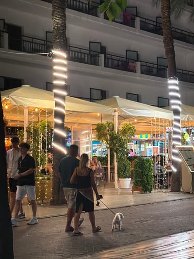 The image depicts a street scene at night in Sant Antoni De Portmany, Spain, with a focus on a group of people walking and dining outside a building with outdoor seating. A prominent palm tree wrapped in white string lights is in the foreground, illuminated by the lights. To the left of the palm tree, a restaurant or bar area is visible with covered outdoor seating, illuminated by string lights and hanging light bulbs. Several people are seated at tables, and others are walking by. In the foreground, a couple walks a small white dog on a leash. Behind them, another couple walks in the same direction. The building in the background appears to be a multi-story structure with balconies, some of which have items hanging over the railings. A sign with "SUPERMARKET" is visible in the distance. The ground is paved with cobblestones and concrete.