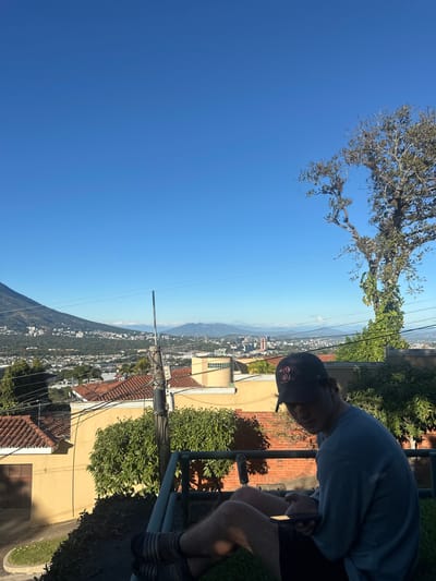 A person wearing a backward baseball cap leans on a railing overlooking a city nestled in mountains under a clear blue sky. Tiled roofs and green foliage dot the landscape. Power lines stretch across the horizon. A sprawling tree with bare branches reaches into the top left corner of the image.
