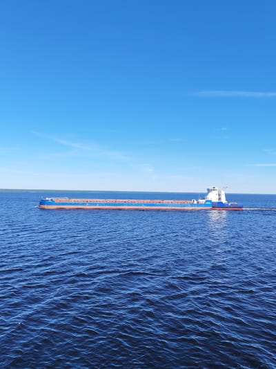 The image displays a long cargo vessel traversing a wide body of water under a clear blue sky near Мякса, Russia. The vessel, named "МЯКСА" as clearly visible in white Cyrillic letters on its blue bow, is oriented horizontally, moving from left to right across the frame. Its hull is predominantly blue above the waterline, with a reddish-brown section at and below the waterline. A distinct white superstructure housing the bridge and crew accommodations is situated at the stern. The vessel's deck appears to be either empty or carrying low-profile cargo, with visible cargo hold covers or railings. A visible wake trails behind the stern, indicating forward motion. The expansive body of water is dark blue, covered with numerous small ripples. The sky above is a brilliant, unblemished blue, with only faint, wispy clouds present at the far horizons. A low-lying, dark green landmass, likely a treelined shore, stretches across the distant horizon, separating the water from the sky.