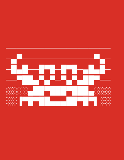 The image is a digital artwork, likely a graphic design or illustration, featuring a pixelated depiction of a creature or character against a solid red background. The design is abstract and uses a limited color palette of white and red.

The main subject is an arrangement of white pixels that form a symmetrical shape resembling a stylized alien or monster. This shape has a central body with appendages extending upwards and outwards. There are three horizontal white lines above the pixelated figure, suggesting a form of visual barrier or background element. Below the main figure, there are two rows of white pixels that are more irregularly shaped, with some sections filled with small white dots, adding a textured effect. The overall composition is geometric and reminiscent of early video game graphics or retro digital art.

There is no discernible activity or event taking place, as the image is static. The setting is abstract, with the red background providing no specific location cues, and the pixelated elements are not realistic enough to suggest a particular time of day or weather conditions. Similarly, no emotions are conveyed. There is no visible text in the image. The reference to "Balakovo, Russia" seems to be metadata associated with the image file, but it does not inform the visual content of the artwork itself.