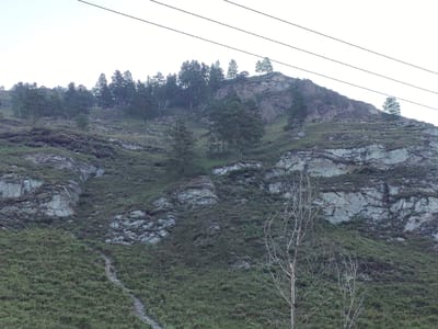 The image depicts a mountainous landscape with a trail winding up the side of a rocky, vegetated slope. Several conifer trees are scattered across the mountainside, with a denser cluster towards the top. A bare, branchy tree stands prominently in the foreground on the right. Overhead, several power lines stretch across the sky. The sky itself is a pale, washed-out white, suggesting either an overcast day or dawn/dusk. The terrain appears rugged and natural. The image is located in the vicinity of Elekmonar, Russia, as indicated by the text "ELEK 48" faintly visible on a rock near the top of the mountain.