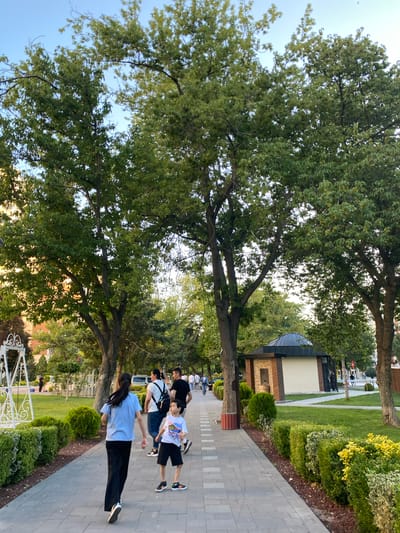 The image depicts an outdoor scene with several people walking along a paved pathway lined with trees and manicured bushes. The pathway is made of light-colored rectangular pavers. On the left side of the pathway, large trees with green foliage dominate the foreground. To the right of the pathway, a well-kept lawn is visible, interspersed with bushes. A small, modern building with a domed roof and brick accents is situated behind the bushes and trees.
Several individuals are seen walking in the same direction along the pathway. They appear to be a mix of adults and younger people, casually dressed in t-shirts, shorts, and pants. One person is wearing a light blue t-shirt and black pants, another a white t-shirt and black shorts, and a third a black t-shirt and shorts. Two individuals in the background are also walking. The overall atmosphere seems relaxed and informal.
The lighting suggests it is either early morning or late afternoon, with the sun casting soft light and creating some shadows. The sky is a clear blue. The presence of trees, lawn, and decorative bushes indicates a park or a garden setting. The building in the background might be a pavilion, a small visitor center, or part of a larger establishment. There is no visible text in the image. The location context is Kayseri, Turkey.