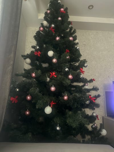 A Christmas tree is decorated with red bows and pink and silver ornaments. The tree is situated indoors, near a wall with textured wallpaper and a gray curtain. The ceiling has a recessed light fixture. The image does not provide enough information to determine the location within the city of Ridder, Kazakhstan.