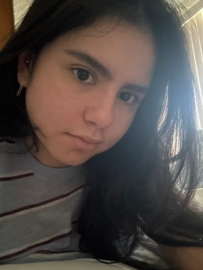 The image displays a close-up, slightly angled portrait of a single individual, appearing to be female, with dark, shoulder-length hair parted on the left side. Her gaze is directed towards the camera. She has dark eyes, dark eyebrows, and small freckles visible on her cheeks and nose. Her expression is neutral, with her lips slightly parted. The visible left ear has multiple piercings: a small silver stud high on the helix, another small stud lower on the lobe, and two thin, gold-colored hoop earrings hanging closely together. She is wearing a light blue t-shirt with thin horizontal stripes in dark red/maroon and white. The background is out of focus, suggesting an indoor setting. A bright light source, possibly a window, is visible on the right side of the frame, creating a strong glare and backlighting the hair on that side. The specific city location of Santiago, Mexico cannot be determined from the image content.