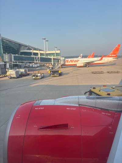 The image captures an exterior view of a busy airport tarmac in Incheon, South Korea, likely at Incheon International Airport, under a clear blue sky. In the foreground, the red and silver engine cowling of a parked aircraft is prominently visible, featuring "NO STEP" markings in white. Beyond this, a line of parked Jeju Air airplanes with distinctive orange tails are lined up on the tarmac, with one aircraft positioned closer to a modern airport terminal building. Various ground support equipment, including baggage carts and tow tractors, are scattered across the tarmac, indicating ongoing airport operations. The terminal building itself appears to be a contemporary structure with extensive glass facades. The scene is bathed in the warm light of either early morning or late afternoon, casting long shadows across the concrete surface. No people are clearly identifiable in the image.
