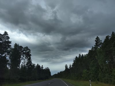 The image depicts a dark, cloudy sky over a straight asphalt road lined with dense evergreen trees. The road curves slightly into the distance. On the right side of the road, a white and black striped post is visible. The foliage of the trees appears lush and green, contrasting with the somber sky. The scene suggests a rural or forested area, potentially on the outskirts of Võiste alevik, Estonia, given the mention of the location. No people or animals are visible in the frame.