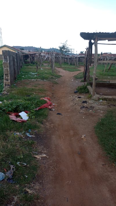 This is a photograph of a seemingly abandoned or underutilized outdoor market or holding pens in Kagarko South, Nigeria. The scene is characterized by numerous wooden posts supporting makeshift roofs constructed from corrugated metal sheets and branches. These structures are arranged in rows, forming what appear to be stalls or animal enclosures. The ground is a dirt path, uneven and covered in debris, including plastic waste, discarded materials, and dried vegetation.

To the left of the path, a section of a dilapidated concrete wall is visible, suggesting the presence of more permanent structures that are also in disrepair. Scattered on the grassy area beside the path are several pieces of red and pink fabric, along with a white piece of material, possibly discarded belongings or remnants of goods. Further into the scene, more of the wooden structures and the hilly landscape of Nigeria can be seen in the background under an overcast sky.

The time of day appears to be late afternoon or early evening, as the light is soft and diffused. The weather seems to be dry. There are no people or animals actively present in the frame, contributing to an atmosphere of stillness, perhaps neglect. The overall impression is one of a functional space that is currently not in use, with a significant amount of litter and decay evident. No visible text is present in the image.