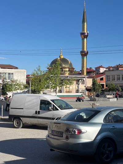 The image depicts a street scene in Breznitsa, Bulgaria, dominated by the Golden Mosque, its golden dome and minaret towering over the cityscape. A white van and a silver car are parked along the street, partially obscuring the view of the mosque. Power lines run across the clear blue sky above. In the background, buildings of varying heights and colors are visible, along with trees and a few people near a railing. A child is seen riding a small vehicle on the street. The scene appears to be captured on a sunny day. The vehicle license plate number is E 9505 BM.