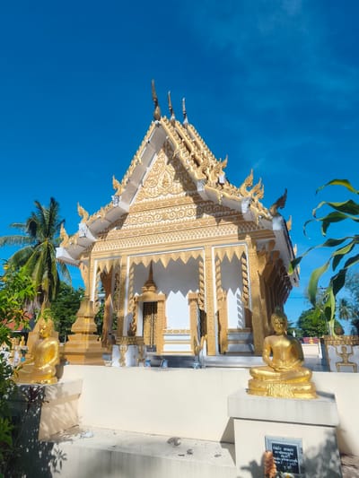 The image shows a Buddhist temple, likely in Tong Yang, Thailand. The temple is ornate, with a golden roof featuring intricate carvings and decorative spires. The facade is predominantly white with gold accents, including decorative patterns above the entrances and along the eaves. Two golden Buddha statues are positioned in front of the temple, one on the left and another on the right, both in a seated meditation pose. The statues are placed on elevated platforms. To the left of the temple, a palm tree is visible, and lush green foliage surrounds the area. The sky is a clear, vibrant blue, indicating a sunny day. The ground in front of the temple appears to be paved, with some debris present. A small plaque with writing in Thai is visible at the base of the right platform. The overall scene conveys a sense of peace and reverence associated with a religious site.