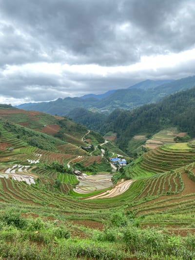 This detailed image captures a vast, elevated view of terraced rice fields nestled within a mountainous landscape in Pung Luong, Vietnam. The sky is heavily overcast with dense, grey clouds, though a brighter, horizontal strip of light is discernible near the horizon line. Layers of forested mountains, ranging from deep green in the foreground to hazy blue-green in the distance, frame the scene.

The midground and foreground are dominated by an intricate network of curvilinear rice terraces, meticulously carved into the steep hillsides. These terraces exhibit various stages of cultivation: some are flooded with water, reflecting the grey sky and appearing light in tone; others are planted with vibrant green rice, indicating active growth; and many areas show exposed reddish-brown earth, suggesting recently tilled or fallow plots.

Scattered throughout the terraced landscape are small, rustic structures, identifiable as huts or houses, typically featuring dark, utilitarian roofs. A more prominent cluster of buildings with distinct blue roofs is located in a small valley, indicating a compact settlement. A narrow, unpaved, winding road is visible traversing the hillsides and leading towards these settlements. The immediate foreground features uncultivated green vegetation, including grasses and shrubs. A very small, indistinct dark figure is faintly visible within one of the flooded rice paddies in the lower-left section of the image, suggesting human activity.