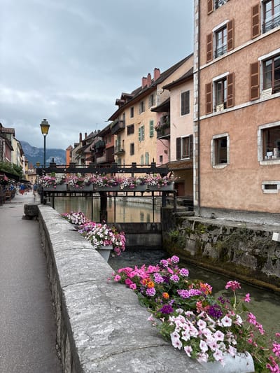 The image depicts a picturesque canal scene in Annecy, France. On the right, a multi-story building with salmon-colored stucco walls and brown shutters lines the canal. A sign on the building reads "QUARTIER HISTORIQUE DEFIANCE." Across the canal, to the left, a row of colorful buildings with balconies and flowers can be seen. A pedestrian walkway runs alongside the canal, bordered by a stone wall overflowing with vibrant pink, purple, and white flowers. A lamppost stands on the left side of the walkway, casting a warm glow. In the distance, misty mountains frame the scene under a cloudy sky. A few pedestrians are visible walking along the walkway. The canal itself appears calm, with reflections of the buildings and sky.