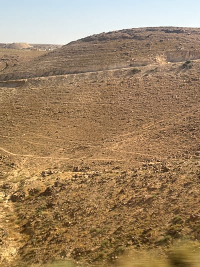 The image depicts a steep, rocky hillside in a dry, arid environment, likely in Arad, Israel. The terrain is rough and uneven, covered with sparse, dry vegetation and scattered rocks. Subtle, winding paths are visible on the surface of the hillside, suggesting human or animal passage. The overall color palette is dominated by earthy tones of brown and tan, with some muted green patches from the vegetation and a bright, pale blue sky to the left.
The lighting suggests it is daytime, with sunlight casting shadows that highlight the textures of the landscape. There are no visible people or man-made objects, but the presence of the paths indicates activity in the area. The scene is serene and desolate, evoking a sense of untouched nature and rugged beauty. The lack of distinct landmarks makes it difficult to pinpoint an exact location within Arad, but the overall arid appearance is consistent with the region. No text is visible in the image.