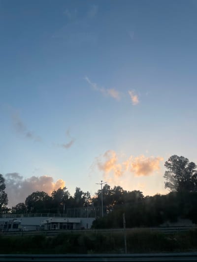 The image depicts a view of Hod HaSharon, Israel, at what appears to be dusk or dawn, with the sky predominantly blue fading to orange near the horizon. Wispy and puffy clouds are scattered across the sky, some tinged with orange due to the light. On the right side of the image, trees and buildings are visible, silhouetted against the fading light. A utility pole is also visible amongst the trees. Vegetation is also visible along the right side. The image seems to have been taken from an elevated position or from inside a vehicle.