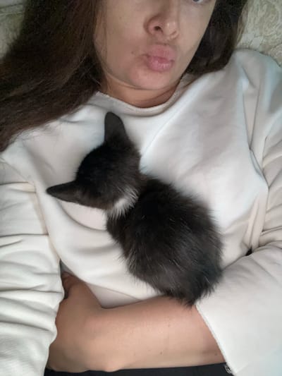 This media file captures a close-up, overhead view of a person lying down with a black kitten nestled on their chest. The person, who appears to be female, has long dark hair and is wearing a white hooded sweatshirt. Her face is partially visible, with her eyes closed and lips puckered as if she is asleep or relaxing. The kitten is small and black with a white patch around its neck and a white tip on its tail. It is curled up comfortably on the person's chest, with its head pointed towards the person's face. The background consists of a soft, textured fabric, likely a blanket or bedspread, in a light neutral color. The overall impression is one of intimacy and peacefulness. The image suggests a moment of quiet repose, possibly at home, given the casual attire and relaxed posture of the person and the kitten. There is no visible text in the image. The time of day and weather conditions are not discernible from the image. The location context provided indicates коротиха, Russia.