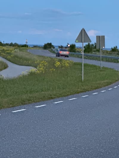 The image depicts a road in Paldiski, Estonia, at dusk. The sky is a deep blue with light clouds. A car is driving away from the viewer on a paved road that curves to the right. The road has white dashed lines marking the lanes. To the left of the road, there is a grassy embankment with patches of yellow wildflowers. Further left, there is a paved pathway. To the right of the road, there is a metal guardrail and then more grassy areas with scattered bushes and trees. Two road signs are visible on poles to the right of the road: a triangular sign pointing downwards, and a rectangular sign behind it. In the distance, beyond the trees, the sea is visible. The overall scene is serene and bathed in the soft light of twilight.
