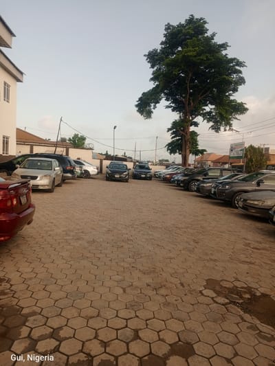 This image depicts an outdoor scene featuring a paved parking lot filled with various cars. The parking lot is constructed of hexagonal concrete pavers, some of which appear wet, suggesting recent rain. A large tree with dense green foliage dominates the upper right portion of the frame, casting a shadow. In the background, a building with white walls and a brown tiled roof is visible on the left. Several other buildings and structures, including what appears to be a business sign, are present in the distance. The sky is a pale blue with some wispy clouds, indicating it is likely early morning or late afternoon. The overall atmosphere is serene. Visible text on the sign in the background reads "NIGERIA NATIONAL PETROLEUM CORPORATION". The location is identified as "Gui, Nigeria" at the bottom left of the image. No people are visible in the frame, and the cars are parked, suggesting a static scene rather than an active event.