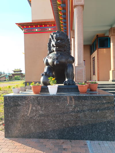 This is a vertical, medium-shot, eye-level photograph of a Buddhist temple entrance in Verkhnyaya Ivolga, Russia, on a clear, sunny day. A large, dark, stone statue of a lion-dog, a traditional guardian figure in East Asian cultures, is positioned centrally on a granite pedestal in front of the building. The statue has a fierce expression, with a mane and intricate detailing. In front of the statue, on the pedestal, are several potted plants, including a white pot with a small yellow-flowered plant and two terracotta pots with various small flowers. The temple building itself has a light brown facade, large cylindrical granite columns, and a brightly colored, ornate roof overhang with red, yellow, and blue decorative elements. To the left of the main entrance, a decorative gateway with a green roof is visible in the distance. The foreground consists of a red brick pathway. The overall scene conveys a sense of architectural grandeur and cultural significance.
