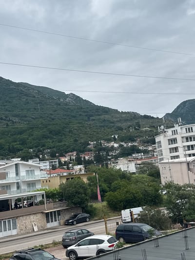 The image depicts a hillside landscape with buildings and trees, likely located in or near Zankovići, Montenegro. A large, green-covered hill dominates the left side of the frame. The hillside is sparsely populated with houses. Overhead electrical lines are visible against the cloudy sky. On the right side, modern buildings are visible. A road runs along the base of the buildings. Several cars are parked along the street. There are trees scattered among the buildings. The sky is overcast.
