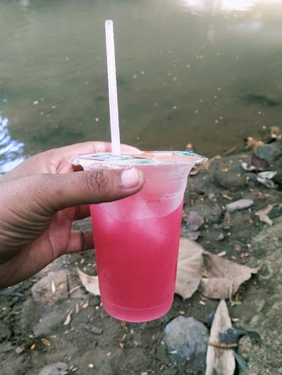The image shows a hand holding a clear plastic cup filled with pink liquid and ice. A clear plastic straw is inserted into the cup. The hand is positioned against a background of a riverbed with rocks and dried leaves. The riverbed is situated near a body of water, likely a river, and the location is Sambirejo, Indonesia, based on the coordinates -7.513 latitude and 111.102 longitude.  The scene appears to be casual and the person holding the drink is likely enjoying it.  The sunlight on the water suggests a daytime scene.