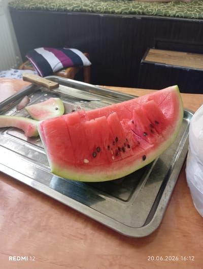 A slice of watermelon with visible seeds rests on a metal tray, positioned on a wooden table. A knife with a wooden handle is on the tray, next to a few smaller pieces of watermelon. In the background, a striped pillow sits on a wooden chair, which is positioned in front of a dark wooden cabinet. The scene is illuminated by natural light. The timestamp "20.06.2026 16:12" and the text "REDMI 12" are visible in the lower portion of the image. There is no indication of the location being Bekabad, Uzbekistan.