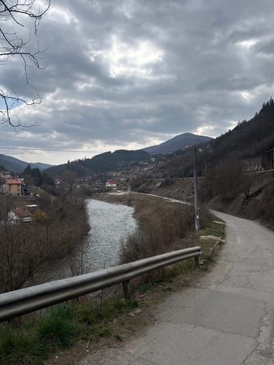 The image depicts a rural valley landscape in Tompsan, Bulgaria, under an overcast sky.

In the foreground, a two-bar grey metal guardrail extends from the lower left to the lower right, positioned alongside a narrow, dark grey asphalt road that curves uphill to the right. The road surface shows cracks and patches, with sparse green grass and brown dirt at its edges. Bare tree branches are visible in the upper left corner.

The midground features a fast-flowing, light grey river running from the center-left towards the background. Both banks of the river are lined with dense, dormant, leafless shrubs and small trees. On the river's far (left) bank, multiple residential buildings with red or orange tiled roofs are visible, integrated into the hilly terrain. On the near (right) bank, an unpaved dirt track runs parallel to the river and the main road. A wooden utility pole with overhead wires is positioned to the right of the paved road, midway up the frame.

The background consists of rolling hills and mountains covered in a mix of bare deciduous trees and some evergreen foliage. Scattered residential structures are visible on the lower slopes of these hills. A prominent, rounded mountain peak dominates the central background. The sky is heavily overcast with dense, grey clouds, though some brighter sections indicate indirect light. No individuals or active subjects are present in the scene.