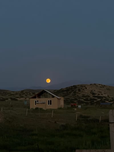 The image shows a rural scene at dusk, with a full moon prominently displayed in the dark blue sky. The moon is a bright, orange-yellow hue, appearing large and luminous against the fading light.
In the mid-ground, a small, beige house with a steep, dark roof is visible. It has a simple design with windows and what appears to be an open-air porch or balcony. The house is situated on a grassy hillside.
The landscape features rolling hills and sparse vegetation, characteristic of a mountainous or arid region. There are some wooden posts and fencing scattered across the terrain, suggesting it might be used for livestock or property demarcation. A small red tractor or farm implement is parked near the house. The overall setting is remote and tranquil.
The time of day is clearly evening, with the sky transitioning from twilight blue to darkness, and the moon being the primary source of illumination aside from ambient light. The weather appears clear, allowing for an unobstructed view of the moon and the landscape. The location is identified as Kara-Oi, Kyrgyzstan, which aligns with the rugged, hilly terrain. No people are visible in the image, and there is no visible text. The scene evokes a sense of peace and natural beauty, with the full moon casting an ethereal glow over the quiet landscape.