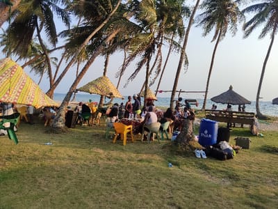 A group of people gathers on a grassy area near a beach with palm trees, enjoying a picnic or celebration. Colorful umbrellas provide shade over tables and chairs. A blue barrel with "THAR" printed on it sits next to personal belongings. A small gazebo can be seen further along the shoreline. The scene suggests a relaxed and festive atmosphere in a tropical setting.