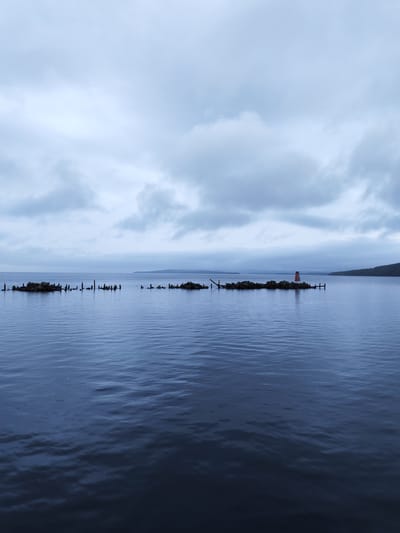 This wide-angle landscape photograph captures a serene, overcast scene in Medvezhyegorsk, Russia, likely on Lake Onega. The primary subjects are the expansive body of dark blue water, a long, low-lying man-made structure, and a heavily clouded sky.

The calm water, exhibiting subtle ripples, occupies the majority of the lower frame, its deep hues reflecting the subdued light. Stretching across the mid-ground is an artificial barrier, possibly a remnants of a pier or breakwater, composed of dark rocks and numerous weathered wooden posts protruding vertically from the water. Towards the right end of this structure, a small, distinct navigational beacon stands out with its bright red and white horizontal stripes, providing a focal point and a splash of color against the muted backdrop.

In the distance, a faint, low-lying landmass or shoreline is visible under the expansive sky. The sky itself is filled with thick, light grey and white clouds, indicating an overcast day. The diffused light contributes to a cool, tranquil, and somewhat melancholic atmosphere. No activity or people are visible, emphasizing the quiet solitude of the landscape. There is no discernible text in the image.