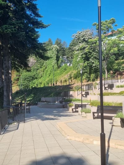 The image shows an outdoor park area on a sunny day, featuring a tiered design with paved walkways, concrete benches, and metal railings. Lush green vegetation covers a hillside in the background, with several trees, including a prominent evergreen on the left, and flowering trees with white blossoms. There are at least three modern streetlights with square tops visible. The scene appears to be a public space designed for relaxation and enjoyment, possibly a park or a plaza. The location is identified as Belogradchik, Bulgaria.