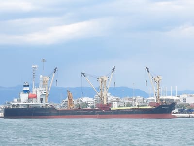 The image depicts a freighter docked in a harbor, likely in Patras, Greece, based on the provided location context. The ship, with its black hull and red waterline, features multiple cranes, suggesting it is used for cargo loading and unloading. In the background, a cityscape with white buildings and mountains is visible under a cloudy sky. The water is a calm blue-green, reflecting the overcast conditions. No people are clearly visible in the image. The overall scene conveys a sense of industrial activity and maritime presence. The text "MAGDA D." is visible on the bow of the ship. The time of day appears to be daytime, with diffused light due to the cloud cover.