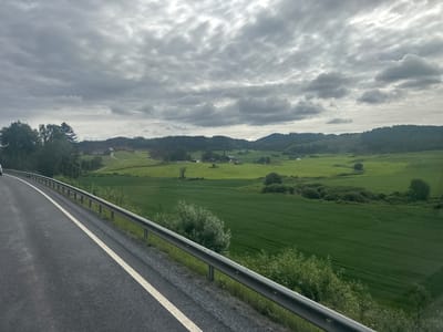 The image shows a rural landscape in Røra, Norway, viewed from a road. The foreground features an asphalt road with a white line marking, bordered by a metal guardrail and some vegetation. Beyond the road, a vast expanse of green fields stretches out, dotted with trees and a few farm buildings. In the background, rolling hills covered in dense forest rise, and beyond them, more distant hills are visible. The sky is overcast with thick, grey clouds, suggesting a cloudy or possibly rainy day. The overall mood is serene and tranquil, characteristic of a Norwegian countryside. The time of day appears to be daytime, likely afternoon, given the diffused light. There is no visible text in the image. The scene depicts a typical rural setting with agricultural land and natural landscapes.