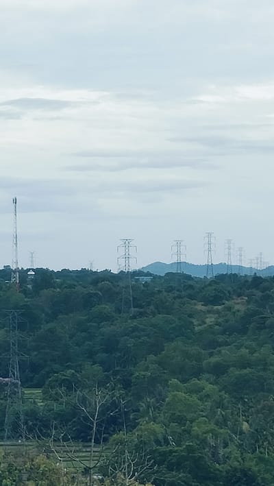 The image presents an expansive landscape in Lonbaroh, Indonesia, under an overcast sky. The scene is dominated by a vast expanse of lush, dense green trees covering undulating terrain from the foreground to the midground.
In the mid-distance on the left, a tall, slender communications tower stands prominently. Stretching across the landscape and receding into the background is a series of high-voltage electricity pylons, their distinct lattice structures marching over the tree-covered hills and becoming smaller with increasing distance. Faint outlines of distant mountains or hills are visible behind the closer foliage and pylons. Between the trees in the lower-middle left, glimpses of lighter green areas suggest agricultural fields, possibly rice paddies.
The sky is a soft, diffused light grey and pale blue, indicating an overcast day. There are no harsh shadows, suggesting a gentle, even illumination, consistent with daytime under heavy cloud cover. No specific activities or people are visible within the frame. There is no discernible text in the image. The environment conveys a blend of natural tropical beauty with human infrastructure for power and communication.