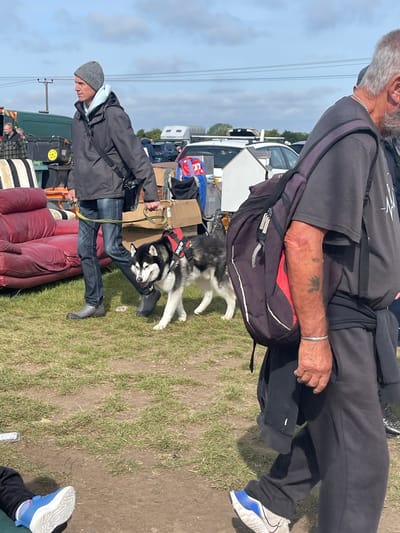 The image shows an outdoor scene, likely a field or grassy area, possibly in Sevenoaks, UK. There are several people present amidst a cluttered environment suggestive of a flea market or car boot sale. Two men are visible. The older man wears dark clothing and a backpack. He has grey hair and appears to be walking. A younger man is standing in front of a red couch; he wears a grey hat, jacket, and jeans. He is holding the leash of one or two huskies who appear to be excited. Vehicles, including vans and cars, are parked nearby, and various objects such as boxes, furniture, and assorted items are scattered around. The sky is overcast. Power lines are visible.