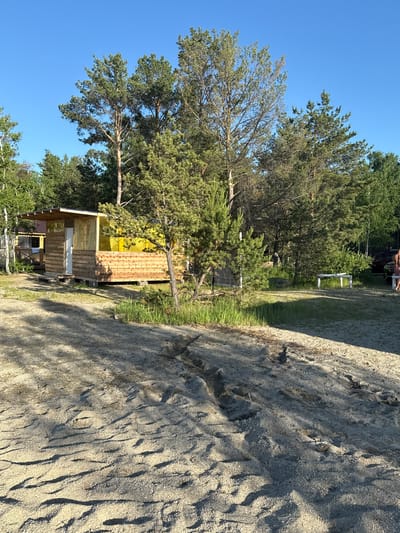 The image displays a sunny, natural outdoor scene in Zerendi, Kazakhstan, featuring a rustic wooden cabin surrounded by trees and a sandy ground. The perspective is from the sandy area looking towards the trees and cabin.
On the left side, tall evergreen trees with dense green foliage dominate the view, casting long shadows. Nestled among these trees is a small, single-story wooden cabin or shed. The cabin's exterior is constructed from light-toned horizontal wooden planks. Several sections of the cabin, including what appear to be window openings, are covered with a translucent yellow material, possibly plastic sheeting or tarpaulins. A white, closed door is visible on the cabin's facade.
To the right of the cabin and trees, a wide expanse of light-colored sandy ground stretches across the foreground and mid-ground. The sand exhibits prominent textures and patterns, suggesting footprints or natural erosion, with distinct shadows indicating bright sunlight. A strip of green grass is visible between the cabin and the sandy area.
In the background, beyond the cabin, more trees create a dense forest edge. Partially obscured by foliage, a white wooden bench or railing can be seen further back among the trees. The sky above is clear and bright blue.
The strong, defined shadows and vibrant lighting suggest it is daytime, likely morning or late afternoon. No people or visible text are present. The scene evokes a tranquil and secluded atmosphere, characteristic of a natural recreational or resort area.