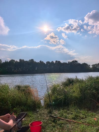 The image depicts a serene natural landscape by a body of water, likely a lake or river, at what appears to be the edge of the village of Kuzminovka, Russia. The scene is bathed in the warm, bright sunlight of a clear sky, with a few scattered clouds adding texture. The sun's rays are clearly visible, creating a lens flare effect. A dense line of dark green trees forms a treeline along the opposite bank of the water, suggesting a natural wooded area.
In the foreground, the grassy bank is overgrown with tall green reeds and grass, with some dried stalks also present. The water itself is calm, with a gentle ripple on its surface, reflecting the sunlight and the sky.
On the right side of the image, two fishing rods are visible, one propped up and another lying on the ground. A red bucket sits on the grass near the water's edge. In the lower left corner, a person is partially visible, seated in a folding chair, with their arms and legs exposed. They appear to be relaxing or engaged in an activity related to the fishing rods. The overall atmosphere is one of peaceful outdoor recreation.
