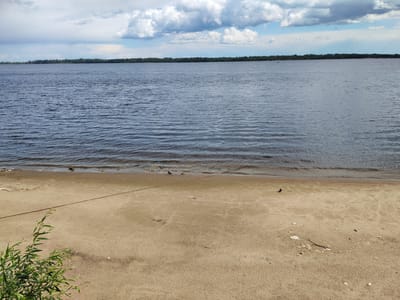 The image depicts a wide, calm river under a cloudy sky. The foreground is a sandy beach with some sparse green vegetation on the left. A thin rope stretches across the sand diagonally from the lower left corner towards the center of the image. Two small dark birds are visible on the wet sand near the water's edge. In the distance, a dense line of trees marks the opposite bank of the river. The scene is likely a natural landscape along the Volga River in Volsk, Russia, given the context.