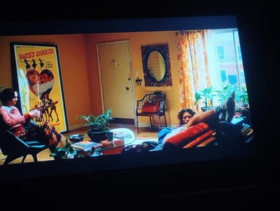 The image shows an interior scene of a living room. On the left, a person is seated in a black chair, wearing a pink and white patterned sweater and colorful plaid pants. A poster for "Sweet Charity" hangs on the wall behind them. A coffee table sits in the center of the room, with books, a small dish, and plants on it. In the background, there is a light-colored door, an oval mirror, and a wooden chair with a red cushion. To the right, a person is reclining on a couch, with their feet up near a window with floral curtains. Plants are also visible near the window. Outside the window, the exterior of a building can be seen. There is no evidence to suggest that this scene is located in Punta de Piedras, Venezuela.