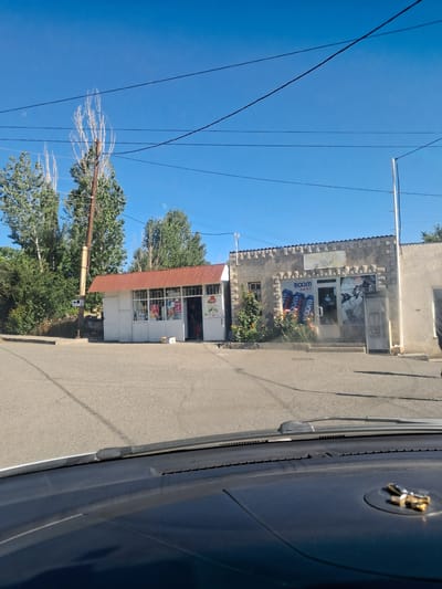 The image shows a street scene in Yeghegnadzor, Armenia. Two small commercial buildings are visible. The building on the left is a simple white structure with a red corrugated metal roof and large windows displaying goods. A person is visible inside the doorway of this building, and a cardboard box rests on the pavement in front of it. The building on the right is made of stone with a flat roof and also features large windows. A prominent display of "BOOM" branded cans is visible on the left side of its storefront. A payphone is located to the right of the entrance of this building. The street in front of the buildings is paved, and there is a sidewalk or curb. Lush green trees and foliage surround the buildings. Power lines are strung across the clear blue sky, supported by wooden and metal poles. The foreground of the image is dominated by the dashboard of a vehicle, suggesting the photo was taken from inside a car.