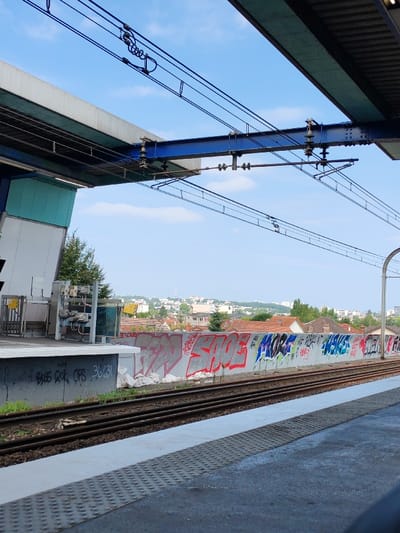 The image depicts a static scene from a railway platform in Neuilly-Plaisance, France. The foreground shows a dark grey platform surface with a lighter grey tactile paving strip featuring raised circular dots, bordered by a white line adjacent to the tracks. Two sets of parallel railway tracks with dark metal rails, brown sleepers, and gravel ballast are visible. Green vegetation grows between the tracks and a concrete retaining wall.
The concrete retaining wall, located across the tracks from the vantage point, is extensively covered in multi-colored graffiti tags, including prominent red lettering spelling "SAGE." Other graffiti in blue, green, and black is also present, with some areas appearing to be painted over in white. Below the platform level, on the support wall, additional black graffiti is visible, including "BLESS QOK OPS 3631."
To the left, a portion of the station's structural elements is visible, featuring white and light blue-green panels, along with utility boxes or electrical equipment mounted on a stand and a metal barrier. Overhead, a complex railway catenary system is visible, consisting of numerous tensioned wires, insulators, and heavy blue metal support beams that also appear to support the station canopy.
Beyond the retaining wall, the background reveals a residential area characterized by numerous buildings with reddish-brown tiled roofs, interspersed with green trees. Further in the distance, additional buildings and a slender communication tower or similar structure rise above the horizon. The sky is clear blue with sparse, wispy white clouds. No people are present in the scene, and no actions or interactions are depicted.