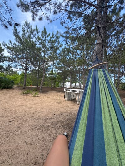 The image depicts a relaxed outdoor scene in a pine forest area, likely within the Останинское сельское поселение, Ukraine. In the foreground, a person's leg is visible, suggesting they are relaxing in a hammock. The hammock itself is striped with green and blue colors and is attached to a tree. The ground is sandy and covered with pine needles and small plants. In the background, there are more pine trees, a white picnic table, and some white tents or structures. The sky is blue with scattered clouds. The overall impression is one of a peaceful, natural setting.