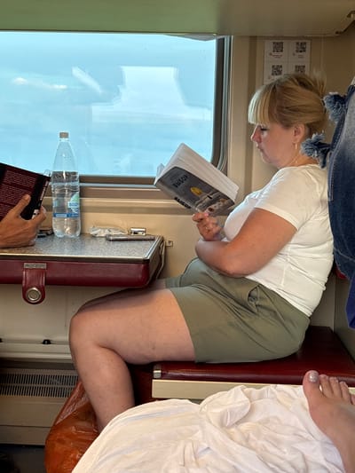 A woman is sitting on a train seat, reading a book titled "Выбор". She is wearing a white t-shirt and olive green shorts. She has blonde hair tied up in a bun. A bottle of water and another book are on the table in front of her. The train is moving, as indicated by the blurred view out the window. The scene appears to be set in a train compartment. The woman is casually dressed and appears relaxed as she reads. The lighting in the compartment is soft, with natural light coming from the window. The overall atmosphere is peaceful and quiet.