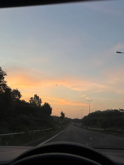 The image depicts a view from the driver's seat of a vehicle looking forward on a highway, likely in the Borough of Swale, United Kingdom, during what appears to be either sunrise or sunset. The sky is a gradient of pale blue at the top, transitioning to soft oranges and pinks closer to the horizon, indicating dawn or dusk. Scattered, wispy clouds are visible in the colored portion of the sky.
On either side of the highway, dense foliage and trees form dark silhouettes against the sky, suggesting a rural or semi-rural setting. The highway itself is paved and marked with white lines, indicating multiple lanes. Streetlights are spaced along the side of the road, some of which are illuminated. The foreground shows the curve of a steering wheel, confirming the perspective is from within a moving vehicle. No people are visible in the image. The overall scene conveys a sense of travel and the quiet beauty of twilight on a road.