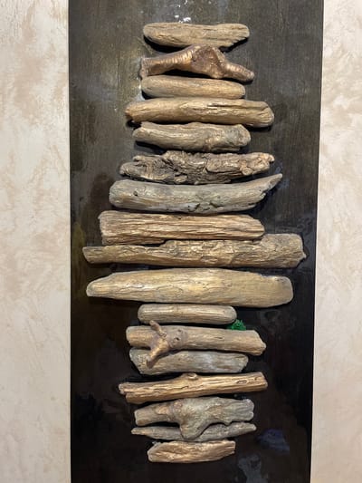 The image captures a piece of contemporary wall art featuring numerous vertical wooden elements, likely driftwood or sculpted wood, arranged side-by-side on a dark, rectangular panel. The panel, possibly black or very dark brown, has a subtly reflective surface. This artwork is displayed against a light-colored, textured wall, which appears beige or off-white.
The wooden pieces, varying significantly in height, width, and texture, create an uneven, organic top edge resembling a miniature forest or a stylized skyline. Many of the wood pieces are coated with a metallic bronze or gold finish, giving them a lustrous appearance and accentuating their natural grain and form. Some pieces retain a more subdued, weathered gray-brown color, providing a contrast to the metallic sheen. Details like a small, star-shaped or branched protrusion are visible on one stick towards the right. A small amount of green material, possibly moss or artificial greenery, is subtly placed behind some of the sticks on the right side, adding a touch of natural accent.
The artwork is static, designed for aesthetic display. The lighting is even, indicative of an indoor setting. There is no visible text within the image. The provided location context is Лесной Пейзаж Кп (шарапово), Russia, though this specific location is not visually identifiable from the artwork itself.